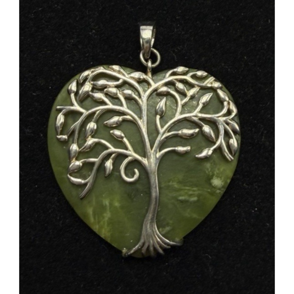 Vintage 925 Sterling Silver Pendant Connemara Marble Tree Of Life Heart Shaped